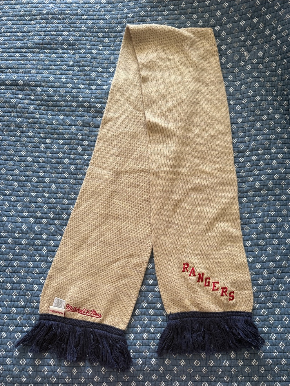 Mitchell & Ness Beige Knit Rangers Scarf with Navy Fringe
